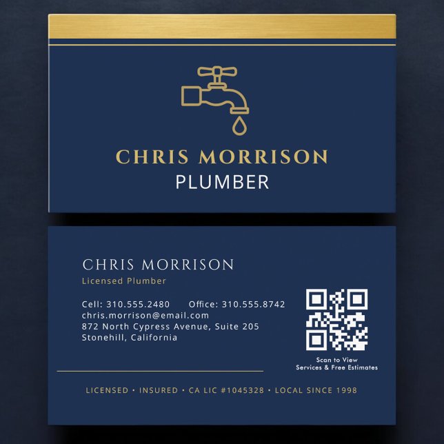 Klempnerunternehmen QR-Code Navy Blau Gold Visitenkarte (Von Creator hochgeladen)