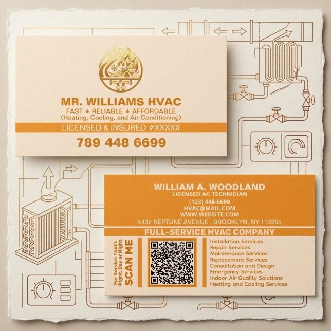Klimatisierung, Heizung und Kühlung | Orange HVAC Visitenkarte (air conditioning technician cards, heating and cooling business cards, HVAC marketing materials, pro)