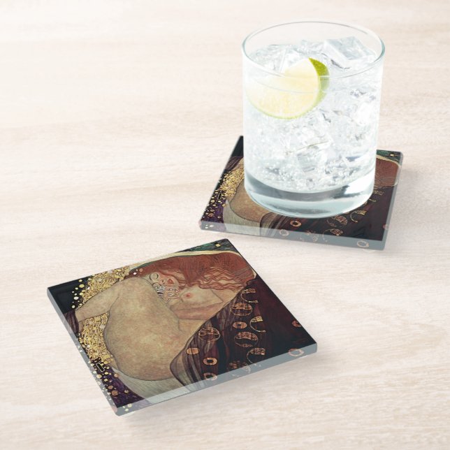 Klimt Danae Gold Art Glasuntersetzer (Schrägansicht)