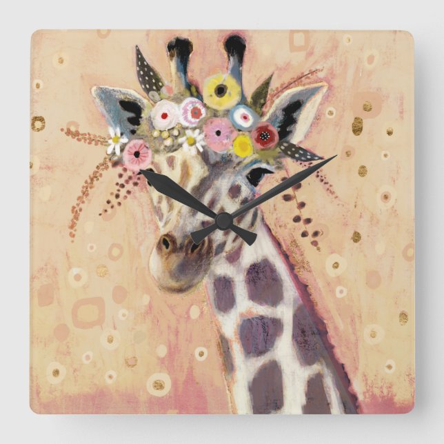 Klimt Giraffe | In Blume verziert Quadratische Wanduhr (Vorderseite)