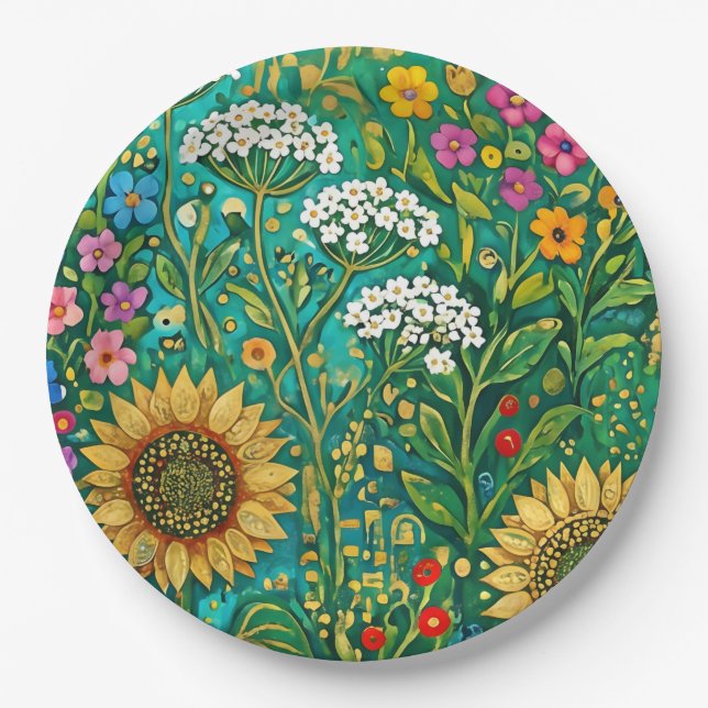 Klimt Sonnenblumenwiese Pappteller (Vorderseite)