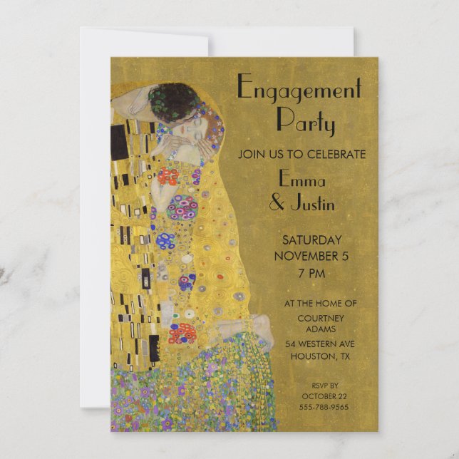 Klimts "The Kiss - Art Nouveau Engagement Party" Einladung (Vorderseite)