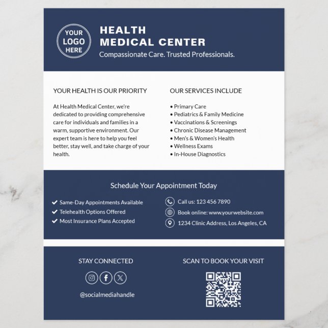 Klinik Arzt Individuelles Logo QR-Code Marineblau Flyer (Vorne)