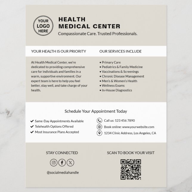 Klinik Arzt Logo QR Neutral Beige Flyer (Vorne)
