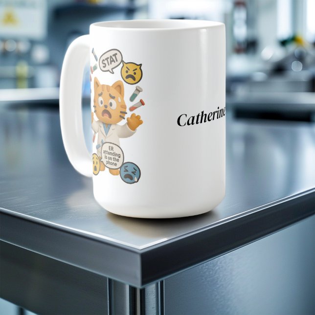 Klinischer Labortechniker Katze führt so viele Tes Kaffeetasse (Von Creator hochgeladen)