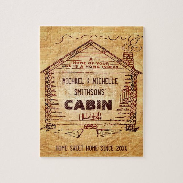 Klotz-Kabinen-personalisiertes NamensImitat-Holz Puzzle (Vertikal)