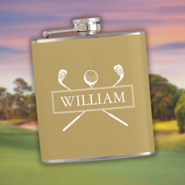 Klubs und Ball mit Personalisiertem und weißem Nam Flachmann (Gold And White Personalized Name Clubs And Ball Flask)