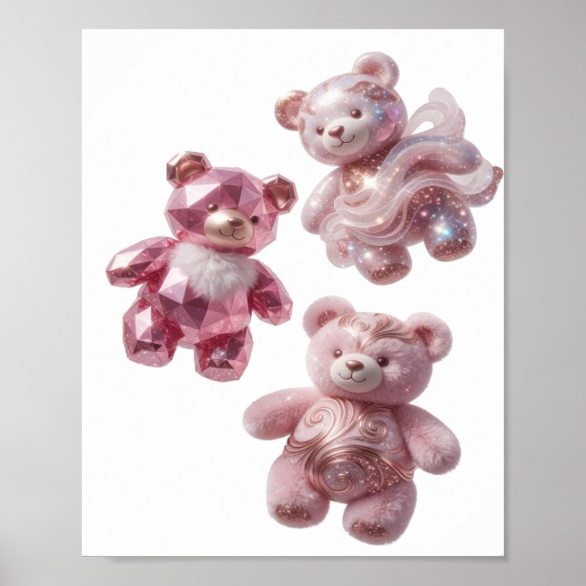 Knackiges Silber DREI ROSA TEDDYBÄREN Design Poster (Vorne)