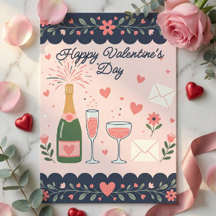 Knallende Champagnerflasche und Herzen Valentinsta Feiertagskarte