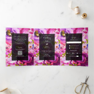 Knallige rosa und violette florale Hochzeit Dreifach Gefaltete Einladung