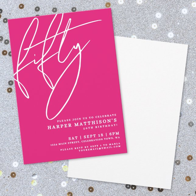 Knallrosa Fünfzig 50. Geburtstagsfeier Einladung (Hot Pink Fifty 50th Birthday Party Invitation)
