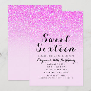 Knallrosa Glitter Funkel Glamour Süße 16 Party Einladung