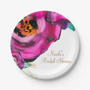 Knallrosa moderne florale Wasserfarben Hochzeitsge Pappteller