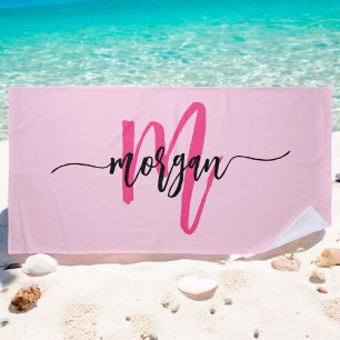 Knallrosa moderne Schriftart weibliches Monogramm Strandtuch