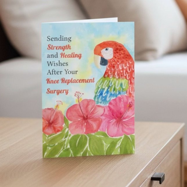 Knee Replacement Healing Scarlet Macaws, Hibiscus Karte (Von Creator hochgeladen)