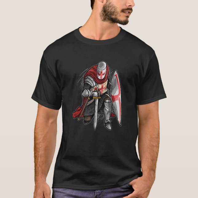 Kneeling Templar Knight Temple Cross Mittelalterli T-Shirt (Vorderseite)