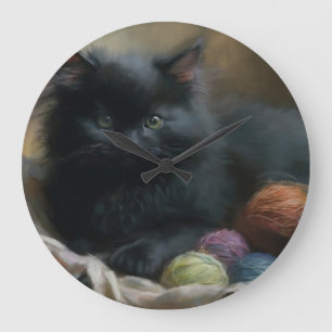 Knetbegleiter Black Kitten mit Garn Große Wanduhr