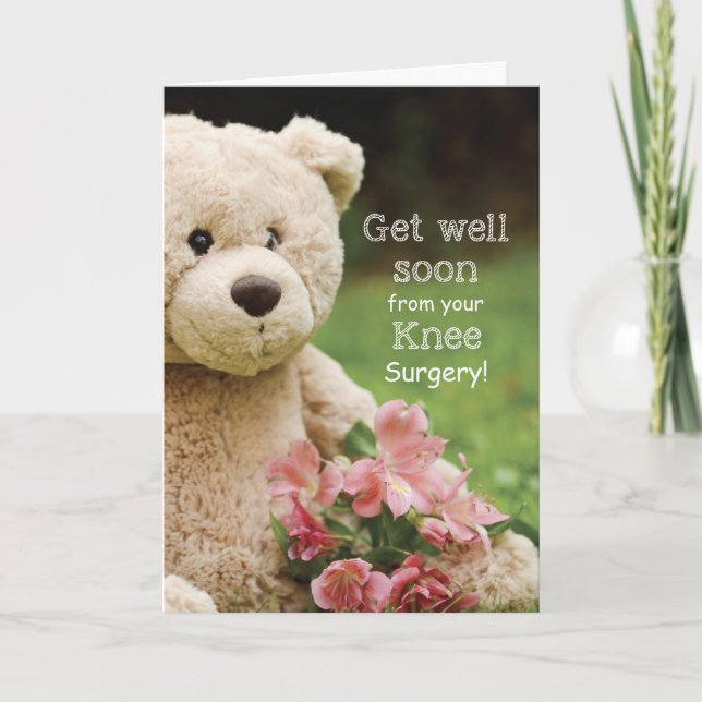 Knie-Operation, Teddy-Bär und Blume werden gut Karte (Vorderseite)