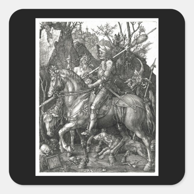 Knight, Death & the Devil - Albrecht Dürer c. 1513 Quadratischer Aufkleber (Vorderseite)