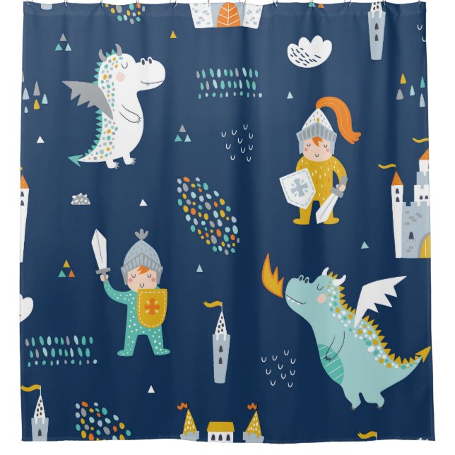 Knight Dragon Castle Childish Pattern Duschvorhang (Vorderseite)