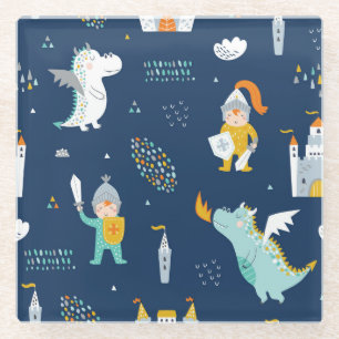 Knight Dragon Castle Childish Pattern Glasuntersetzer