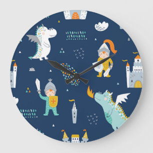 Knight Dragon Castle Childish Pattern Große Wanduhr