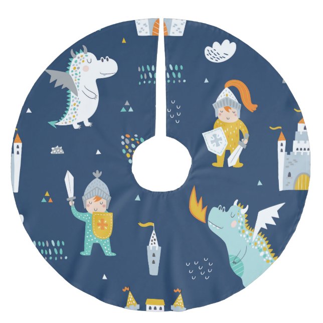 Knight Dragon Castle Childish Pattern Polyester Weihnachtsbaumdecke (Vorderseite)