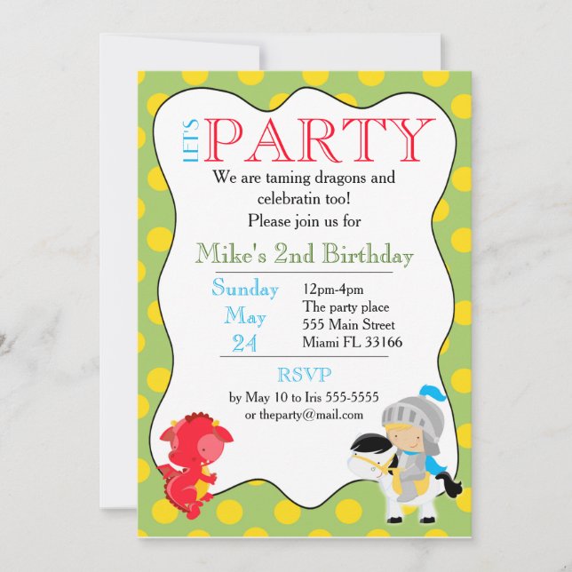 Knight Dragon Einladung Kindergeburtstag Party (Vorderseite)