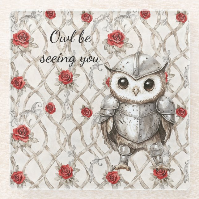 Knight Owl in Shining Armor Red Roses Seeing You Glasuntersetzer (Vorderseite)