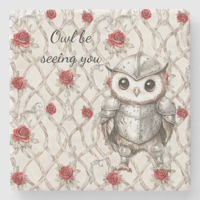 Knight Owl in Shining Armor Red Roses Seeing You Steinuntersetzer (Vorderseite)