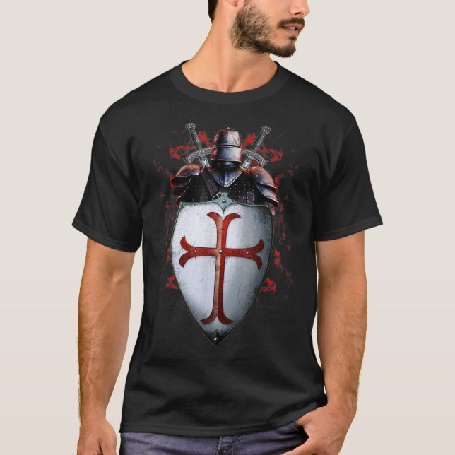 Knights Templar Flag Helmet Cross Schwert T-Shirt (Vorderseite)