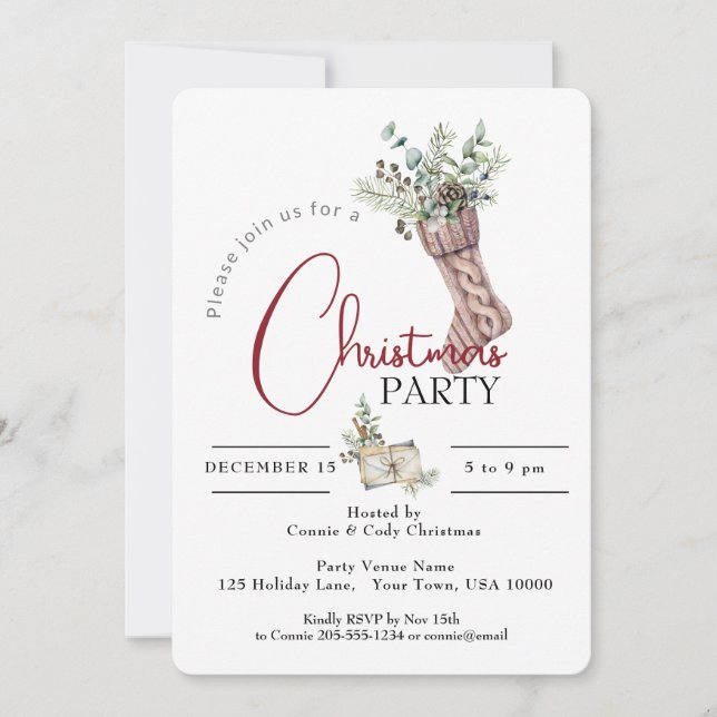 KNITTED CHRISTMAS STRUMPF MIT GRÜNTÖNEN PARTY EINLADUNG (Vorderseite)