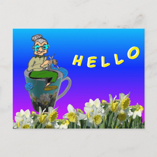 Knitterfrau auf Daffodils Tasse HELLO Postkarte (Vorderseite)