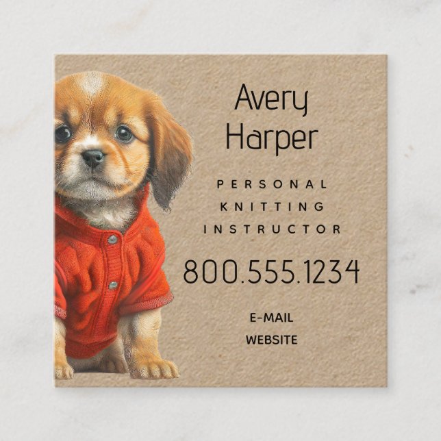 Knitting Instructor Puppy in Sweater Business Card Quadratische Visitenkarte (Vorderseite)
