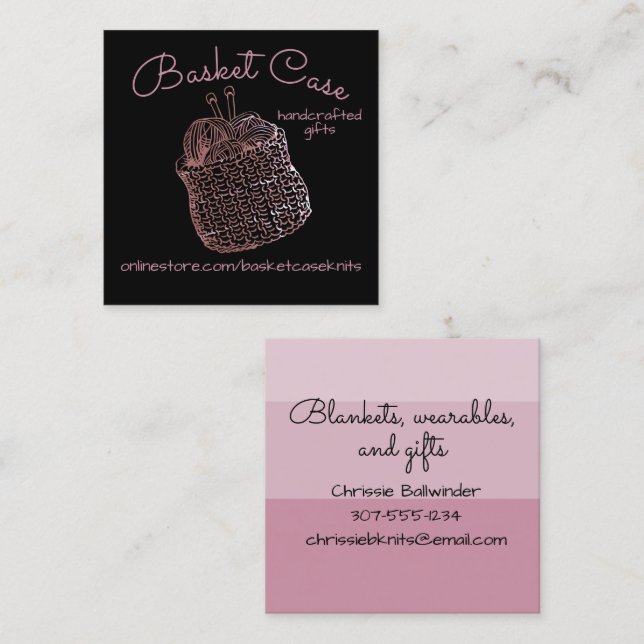 Knitting needles yarn basket knitter crafts quadratische visitenkarte (Vorne/Hinten)