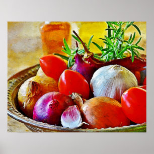 Knoblauch, Zwiebeln, Tomatenkunst für Dekoration. Poster