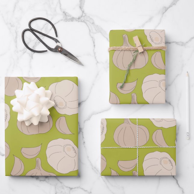 Knoblauchmuster - Knoblauchzehe und Bulle Geschenkpapier Set (Vorderseite)