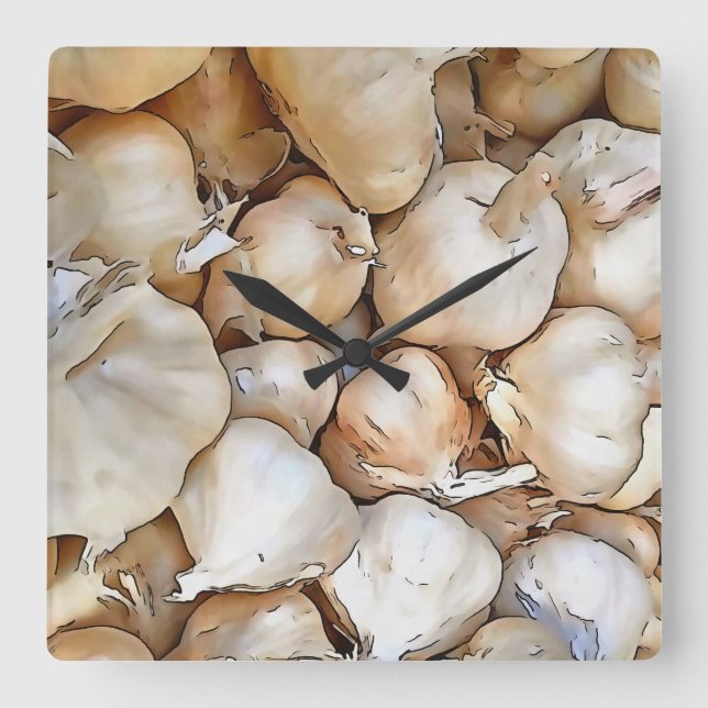 Knoblauchzwiebeln Kunstschwarze Kontur Kunst Quadratische Wanduhr (Vorderseite)