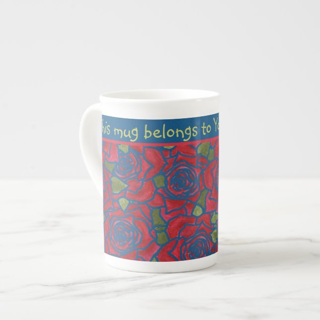 Knochen-China-Tasse zum Personalisieren: Rote Rose Prozellantasse (Vorderseite Links)
