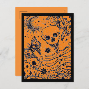 KNOCHEN IM GARTENSKELETON, FOLK ART MOON MOTH FEIERTAGSPOSTKARTE