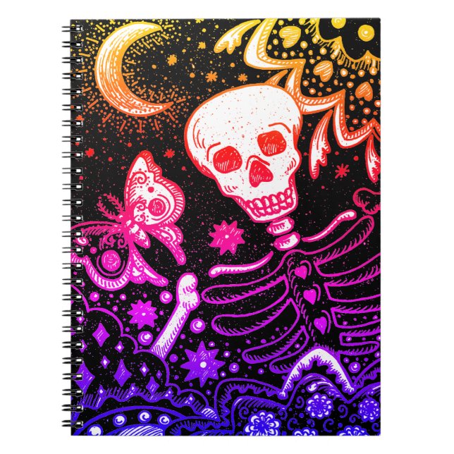 KNOCHEN IM GARTENSKELETON, FOLK ART MOON, MOTH NOTIZBLOCK (Vorderseite)