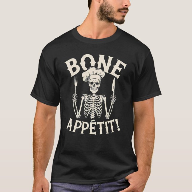 Knochenappetit Koch Skeleton Funny Halloween T-Shirt (Vorderseite)