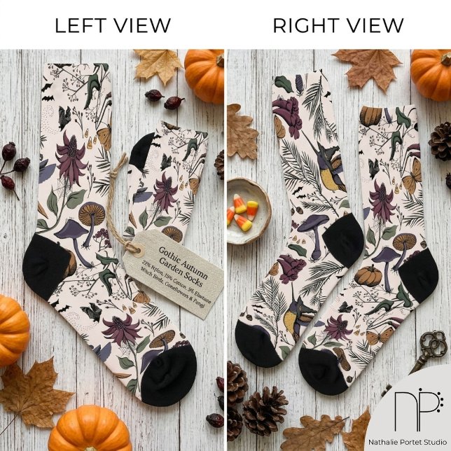 Knochengespinst Halloween Hummingbird Garden Socken (Hand drawn hummingbird and wildflower ink art socks with a chic noir aesthetic)