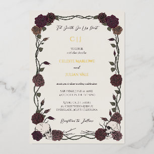 Knochenweiße gotische Rosen Goldfolie Hochzeit Folieneinladung