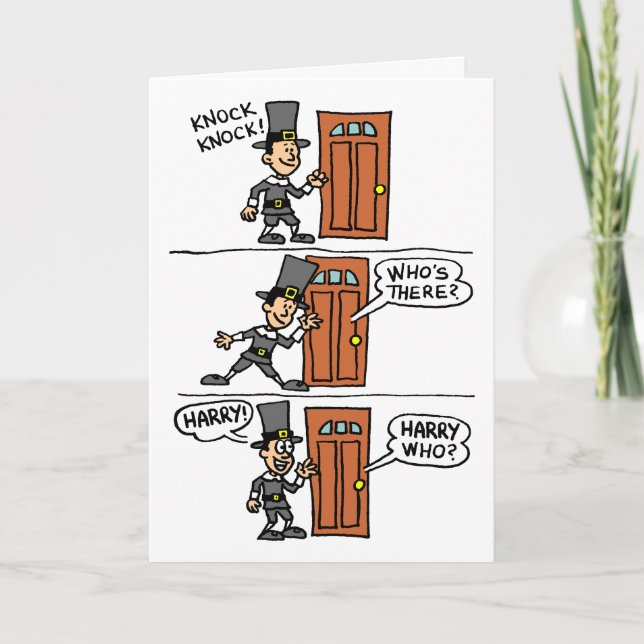 Knock Knock Cartoon Pilgrim Friendsgiving Card Karte (Vorderseite)