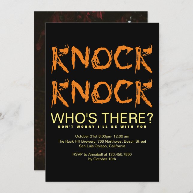 Knock Knock, der dort ist Foto Halloween-Party Inv Einladung (Vorne/Hinten)