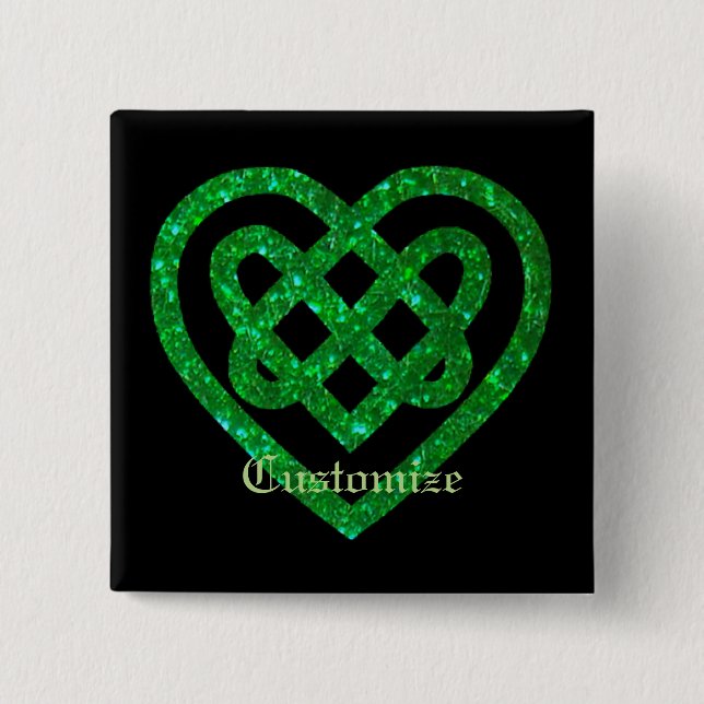 Knopf für grünen Glitzer Celtic Heart Knot Square Button (Vorderseite)