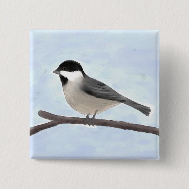 Knopf Wasserfarbe Schwarz gekappte Chickadee Button (Vorderseite)