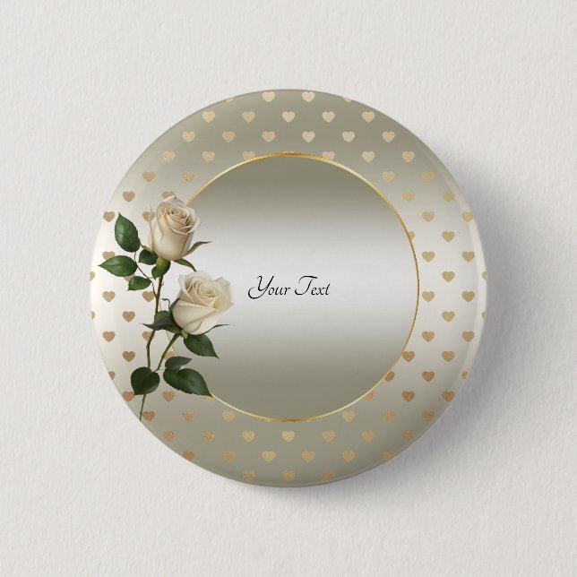 Knopf "White Roses Gold Hearts" Button (Vorderseite)