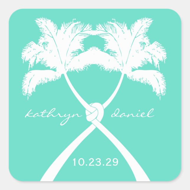 Knot Palm Trees Beach Tropical Wedding Moderner Ch Quadratischer Aufkleber (Vorderseite)